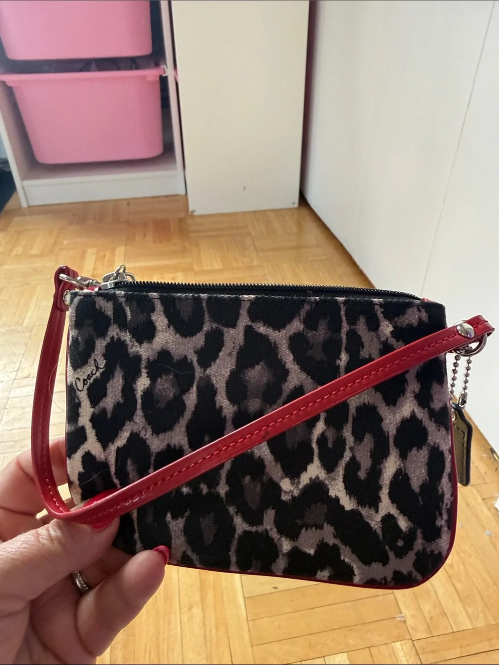 Coach Leopard Print Wristlet Pouch in Black, Taupe & Red Trim